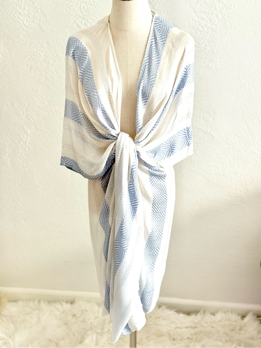 Blue‎ Island White Blue Metallic Stripe Beach Kimono Duster Coastal Resort OS